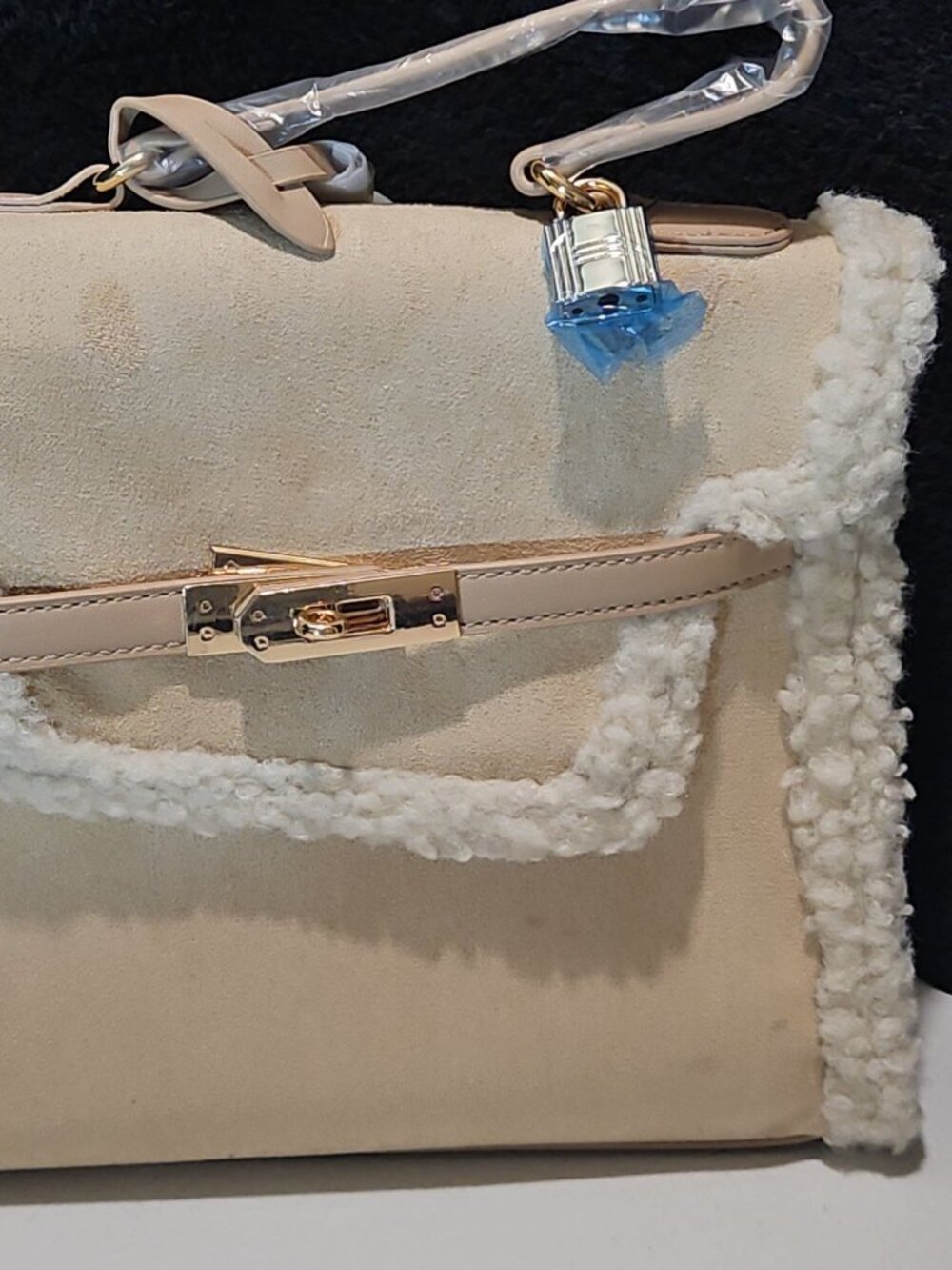 Badgley Mischka Beige Fur-Border Satchel NWT